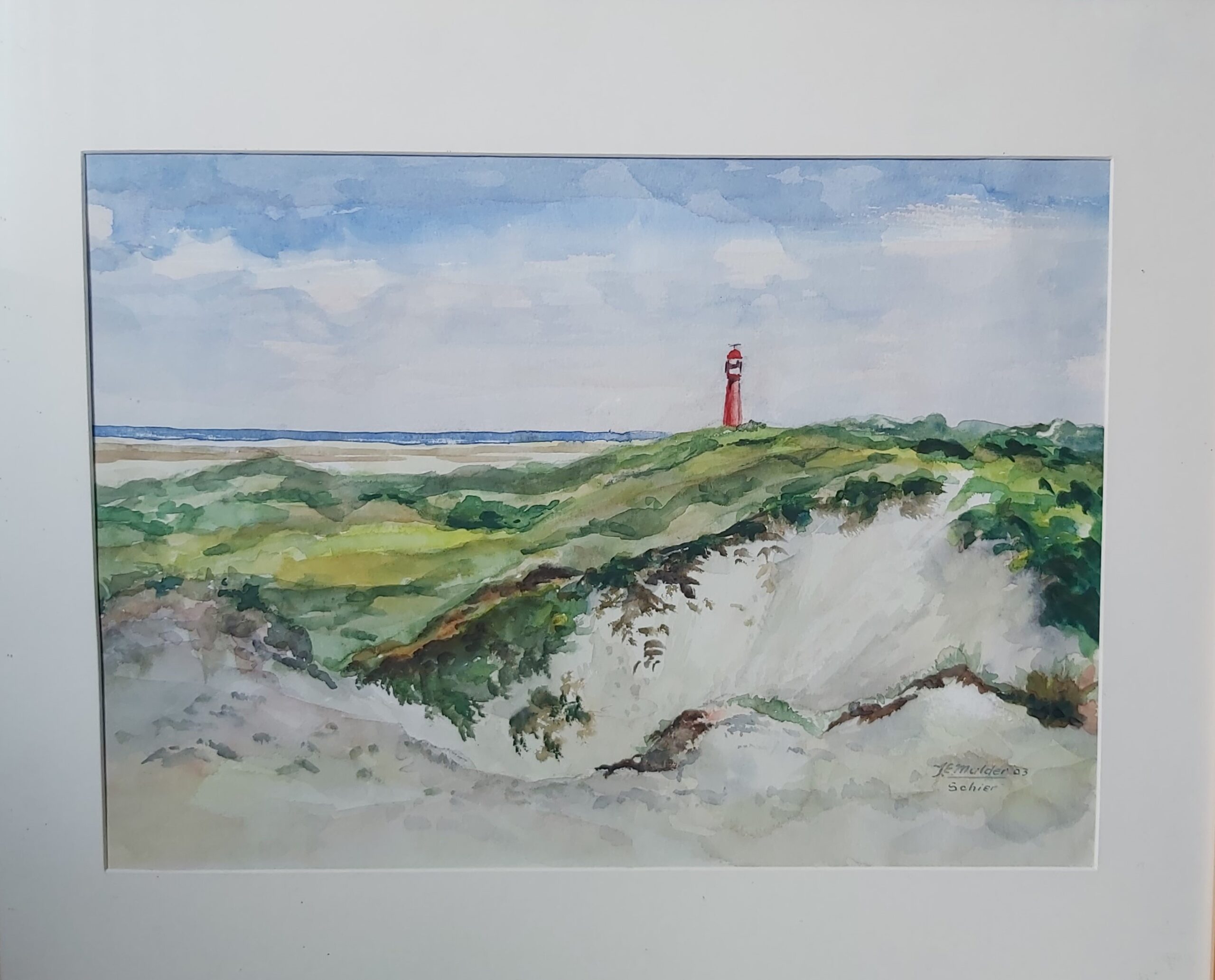 211d Schiermonnikoog Vuurtoren v.a. hoge duin, aquarel (35x50)